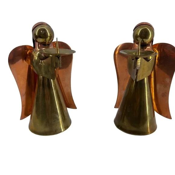 Large MCM Brass Copper Angel Candle Holders Holiday Christmas Ornament - Picture 1 of 9